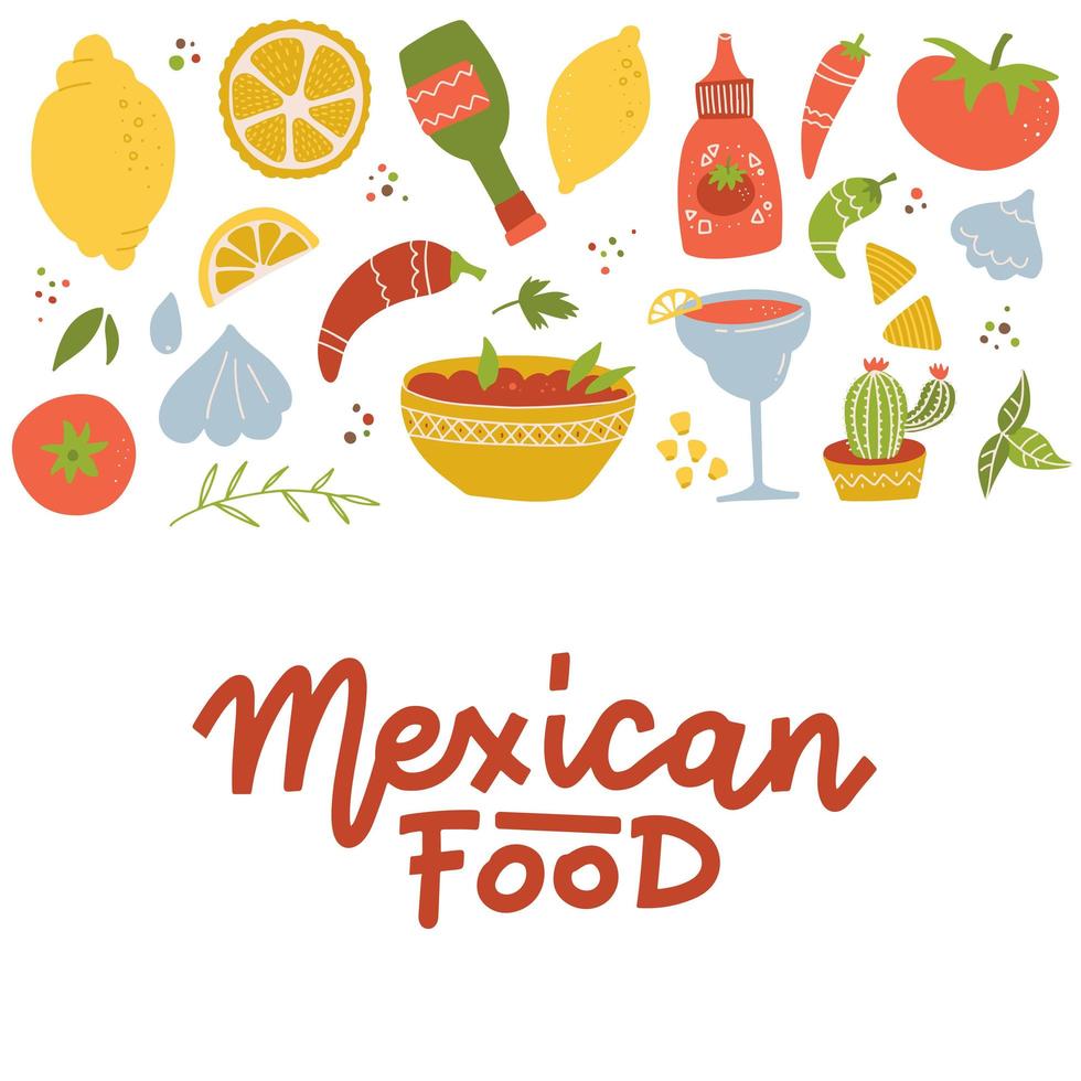 Set of Mexican national tradition food drink and features bright color flat icon isolated vector illustration. Hand drawn lettering Mexican food.
