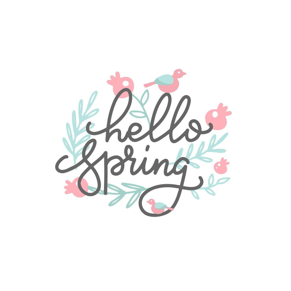 Cute bird on the branches. The Inscription Hello Spring trendy line lettering. Graphics Vectorhand drawn illustration. vector