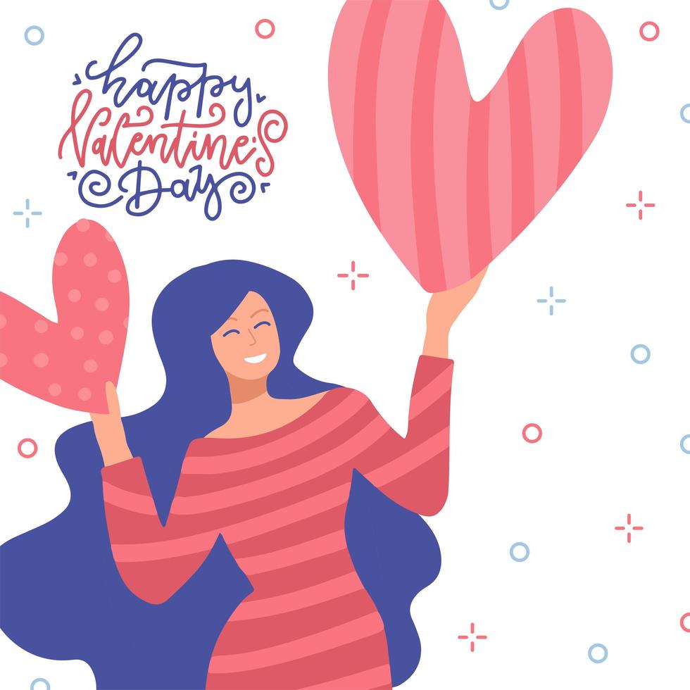 mujer feliz sosteniendo dos grandes corazones rojos sobre su cabeza aislada en el fondo blanco. ilustración de vector plano con cita de letras de saludo. Feliz día de San Valentín.