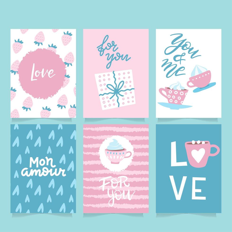 conjunto de 6 tarjetas de felicitación inspiradas en vectores de San Valentín con corazones, estilo plano simple. perfecto para etiquetas de regalo, poster