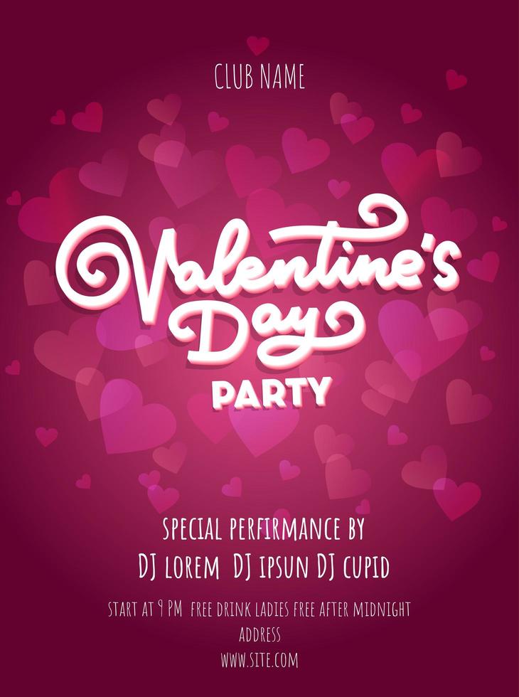 Happy Valentines Day Party Poster Design Template. Typography flyer invitation vector illustration with lettering and heart background.