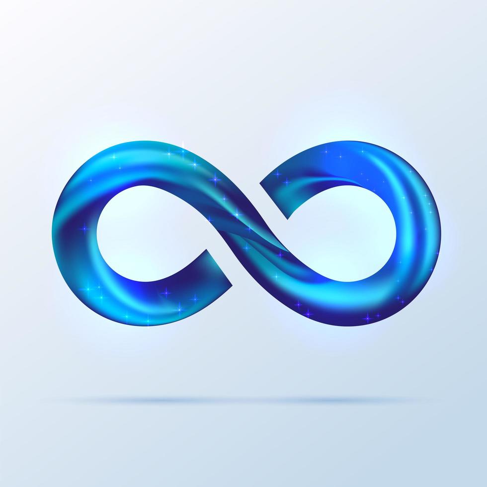 Bright blue fusion swoosh line infinity symbol. Vector 3d volume illustration isolated on white background. Sparkle Infinity sign, Logo for presentation. Mint neon spiral wavy line.