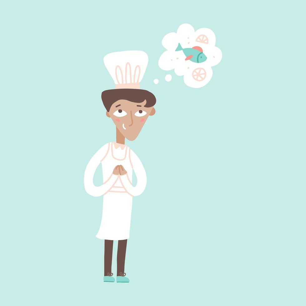 Young male chef dreaming about cooking a fish vector flat illustration. Happy kitchener in white uniform enjoying his ocupation isolated on blue. Funny cartoon cook staff