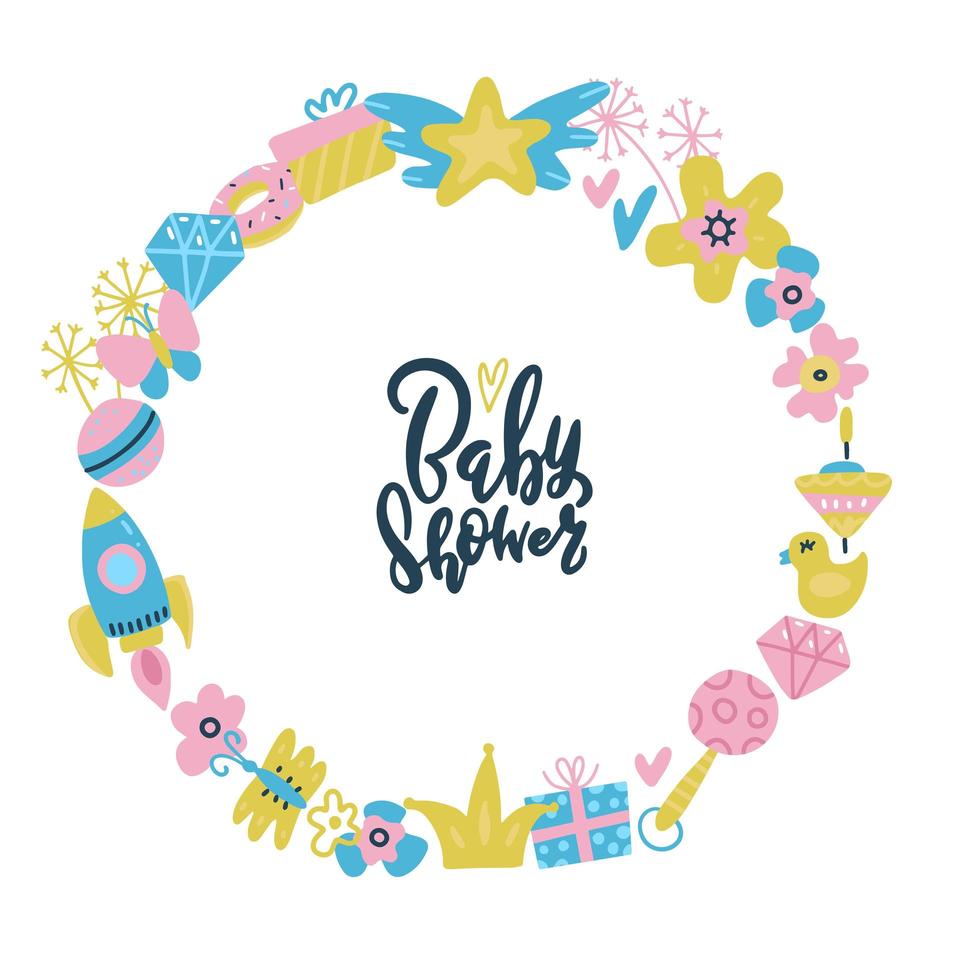 Baby shower frame. Lettering quote inside round toys and flowerts wreath. Place for your text. Flat hand drawn doodle illustration. vector