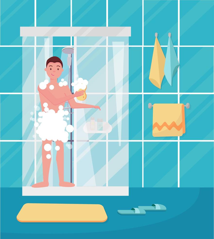 joven duchándose. chico feliz lavándose la cabeza, el pelo, el cuerpo con jabón bajo el agua. procedimiento de higiene de rutina en el diseño de concepto de interior de baño para descuento publicitario. ilustración vectorial de dibujos animados plana vector