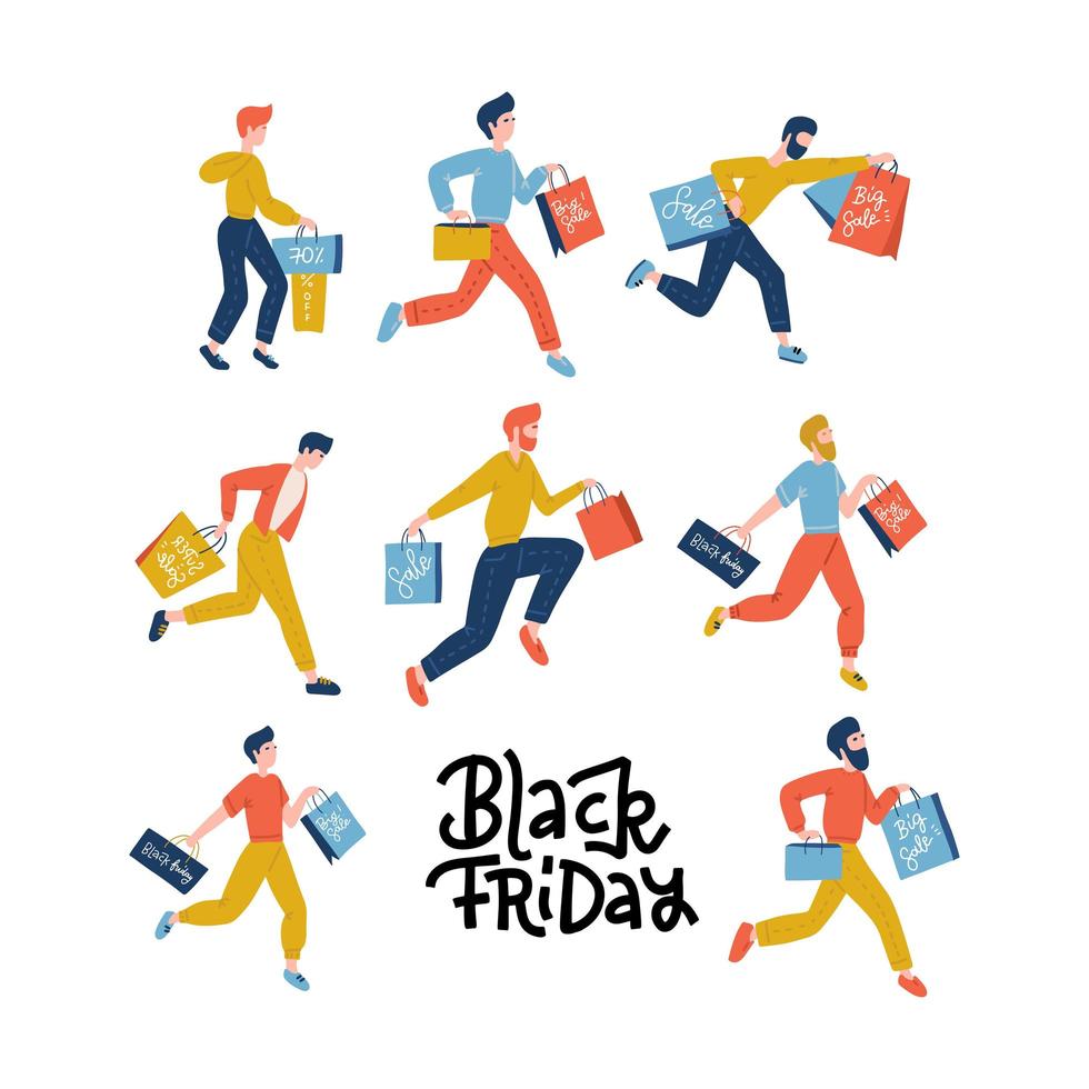Set of male people carrying shopping bags with purchases. Cartoon tiny shopper men isolated on white background. Flat vector Illustration. Collection people characters. Square lettering banner