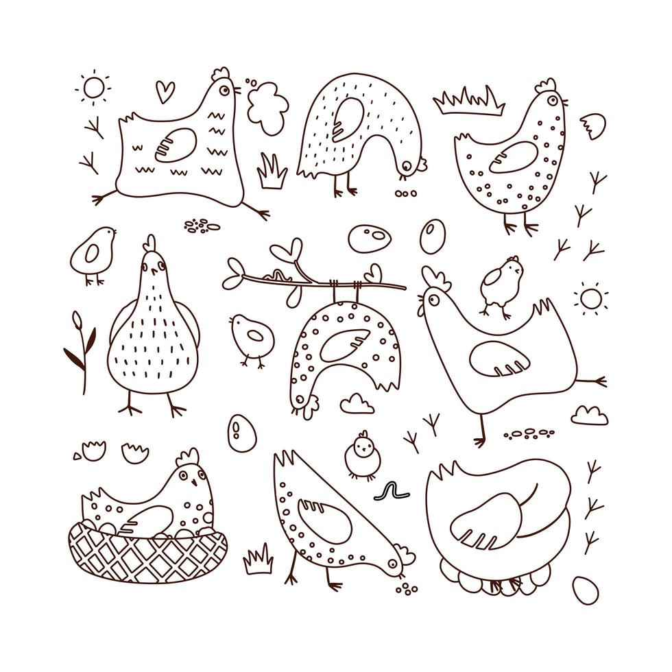 Set of doodle vector illustrations with hens and chicks. Outline hand drawn coloring page. Black on white linear clipart.