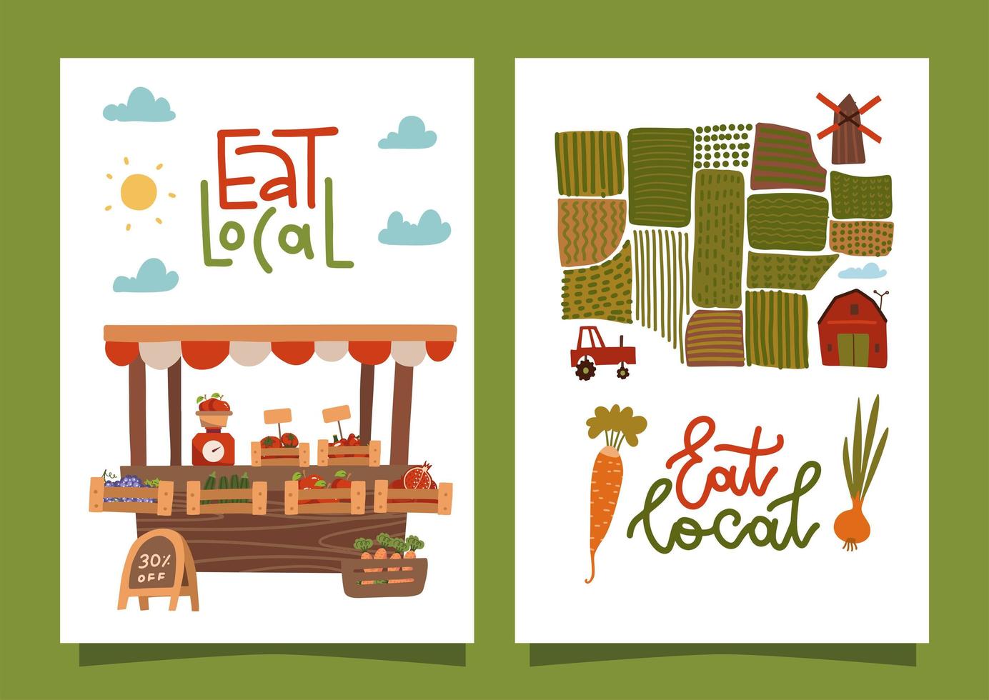 Eat local - set of A4 banners with lettering text. Farmers market concept. Healthy eating. Fresh seasonal vegetables in wooden boxes at stall. Green fields. Vector flat illustration.