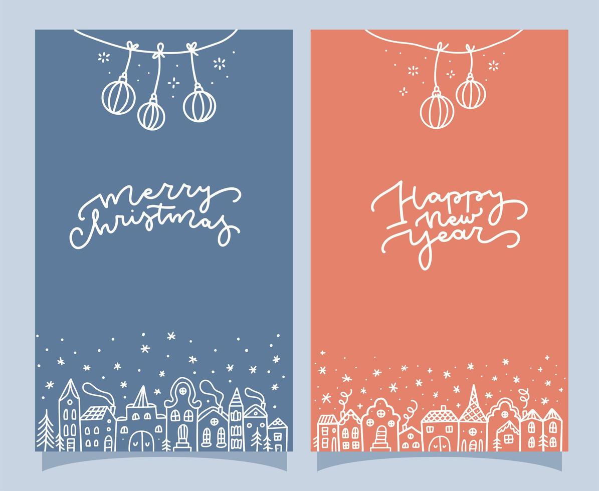 Set of two christmas greeting card with winter houses and hanging balls decor. Town street ornament background doodle hut. White pencil or chalk like kids hand drawn vector illustration.