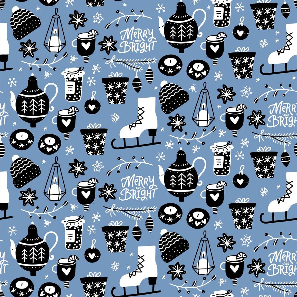 Blue winter seamless pattern with hand drawn cute elements for making cosy mood. Simple balck and white flat vector illustrations with lettreing quote - Merry and bright.