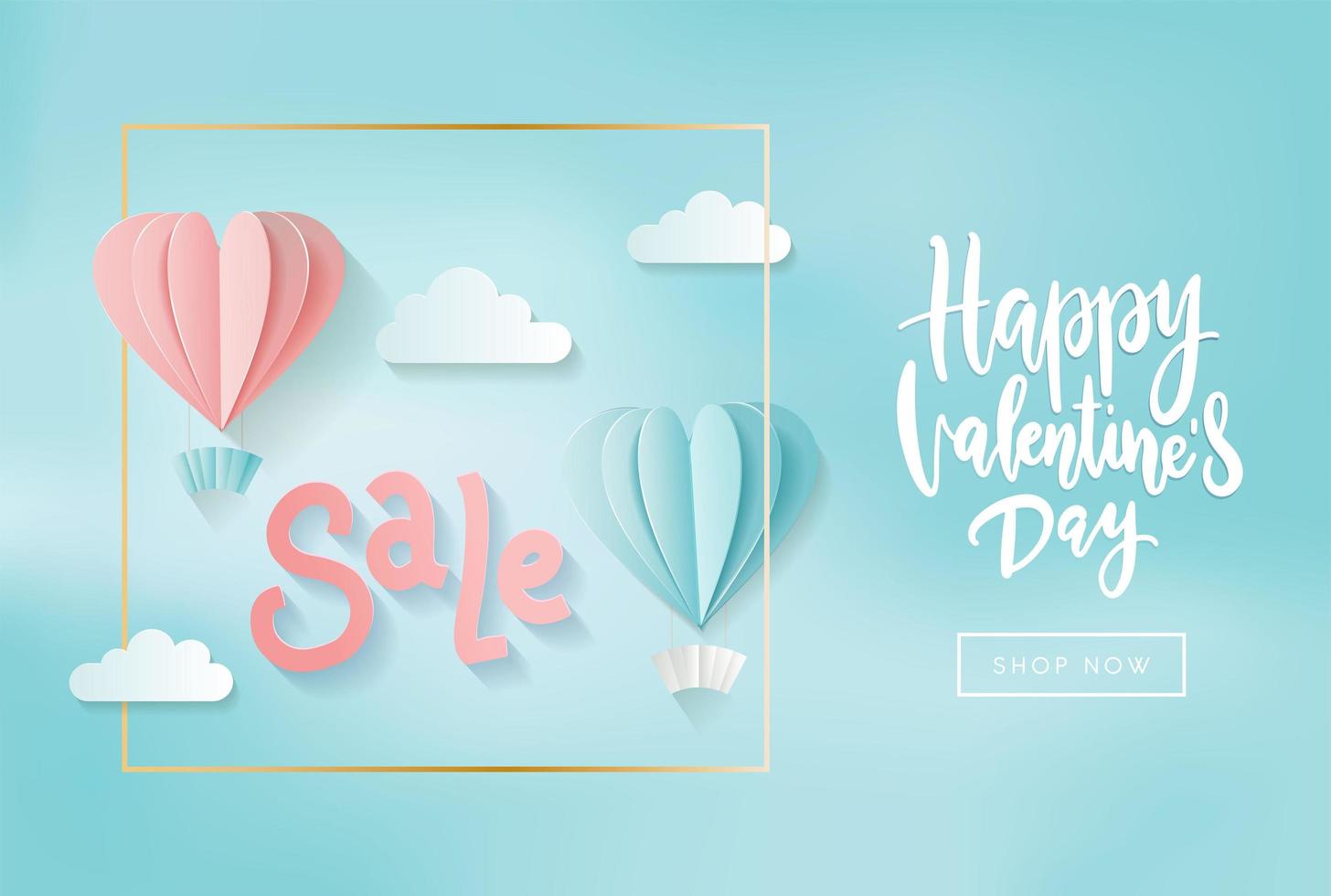 Valentine s day sale web banner of gentle pink and blue heart hot air balloons on blue sky shine background. Sale text for holiday shop discount promo design template with hand lettering vector