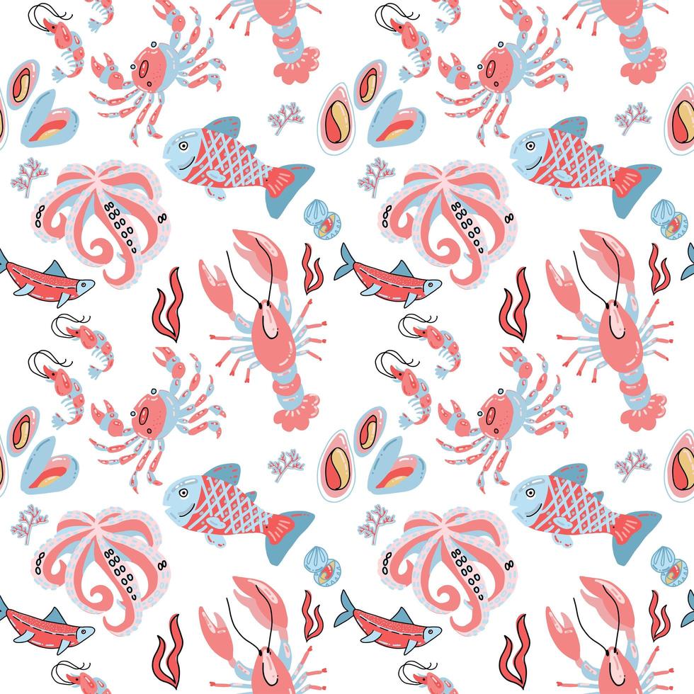 Seafood seamless patern with hand drawn doodle illusration in scandinavian style. Simple Print isolated on white background. Many marine inhabitants - fishes, octopus, crab, lobster, shells vector