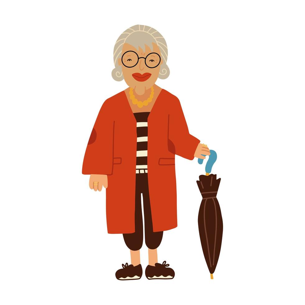 anciana sonriente vestida con ropa elegante sosteniendo un paraguas. mujer mayor de moda. personaje de dibujos animados femenino aislado sobre fondo blanco. ilustración de vector plano de color.