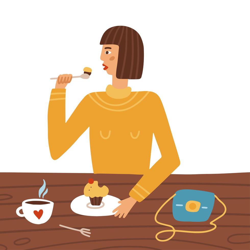 Young woman sitting at a cafe table eating cupcake and drinking coffee. Female character having lunch in a restaurant with sweet dessert and tea. Stylish girl in a cafe. Flat vector illustration.