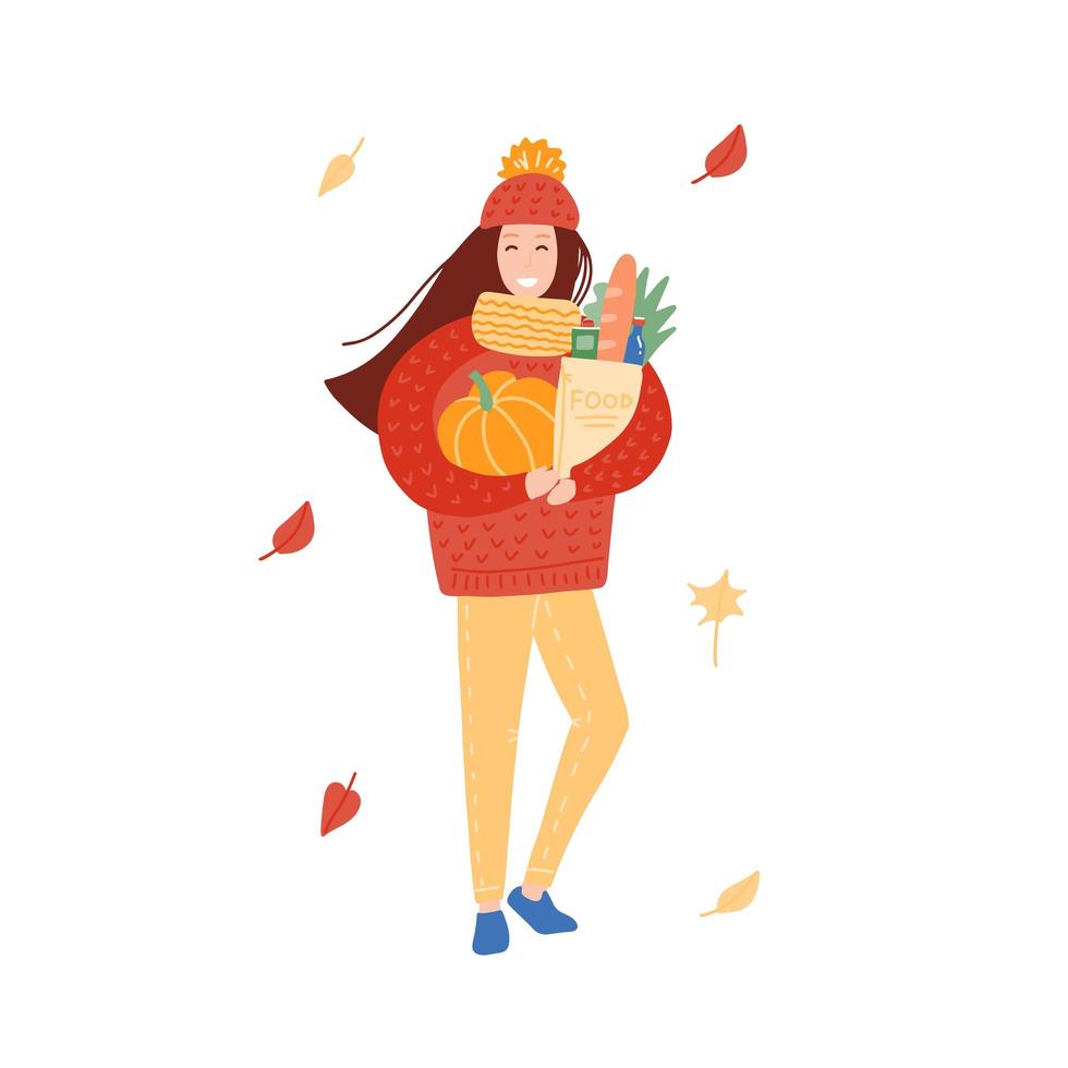 Young Woman in autumn clothes carrying grocery shopping bag with vegetables. Girl in sweater holding paper with healthy food. Vector flat design illustration isolated on white background.