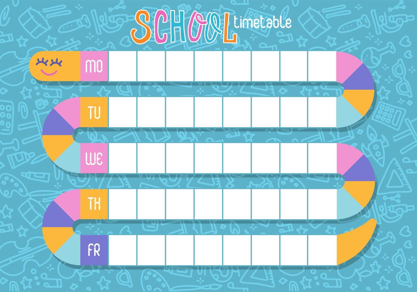 School Timetable of lessons for students with snake path. children design, Vector Template School weekly planning. hand drawn elements of supplies. hand drawn doodle flat color illustration