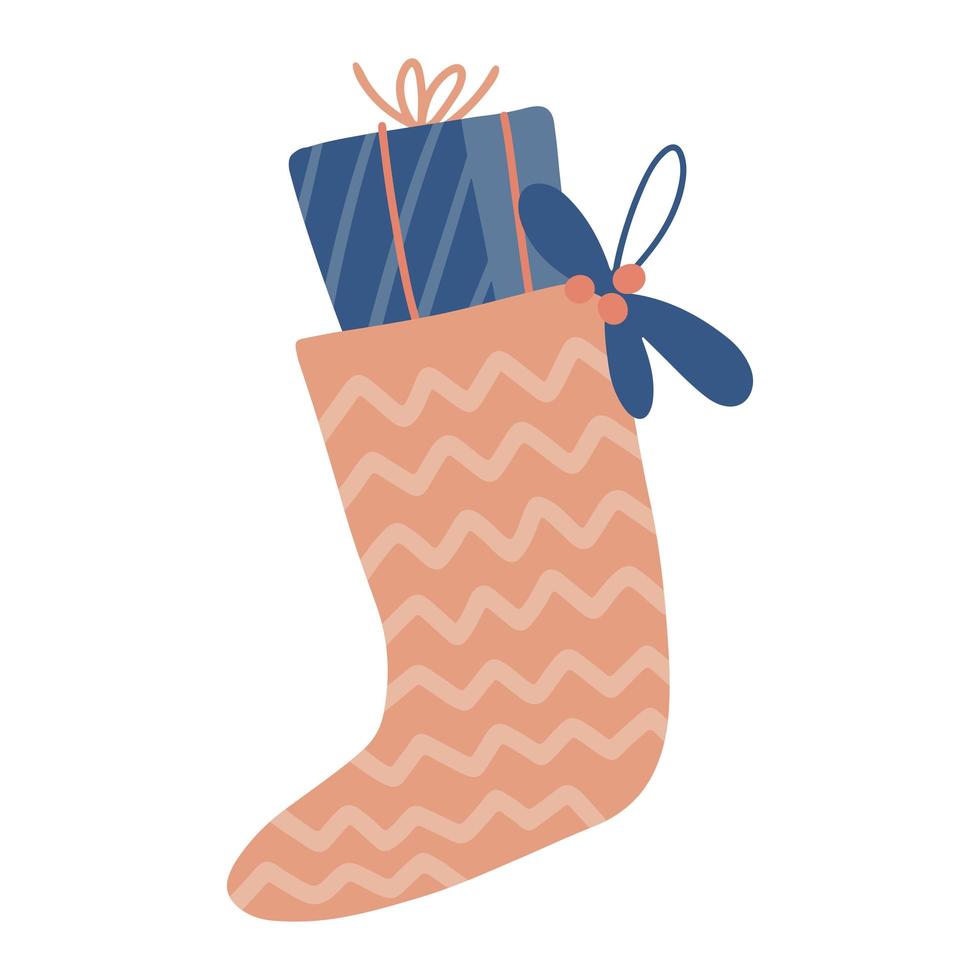 calcetín de navidad lleno de caja de regalo. calcetín de navidad. gran símbolo para tarjetas de navidad, afiches, pegatinas, arte mural. elemento de imágenes prediseñadas aislado. ilustración plana vectorial. solo 5 colores - fácil de volver a colorear. vector
