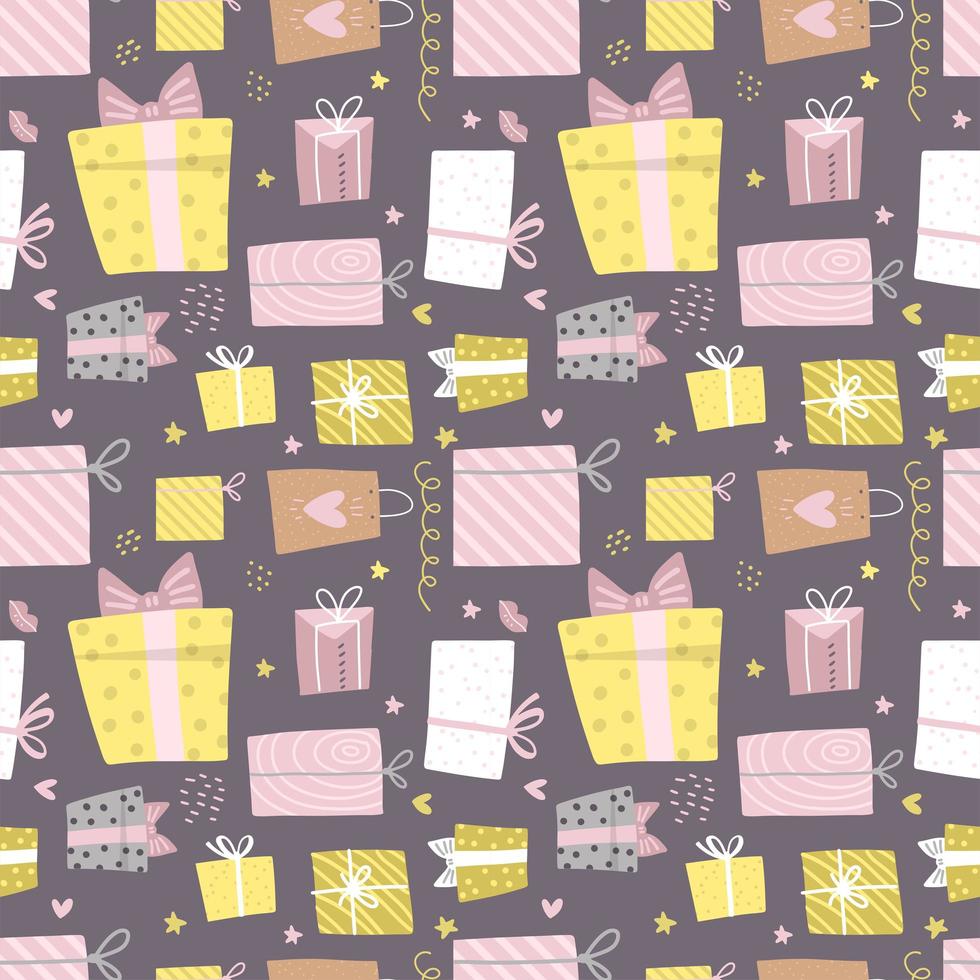 Hand drawn seamless pattern with box and confetti, hearts. Party presents a colorful background with gift box and greeting. Birthday wallpaper. Birthday celebration. Flat vector illustration.