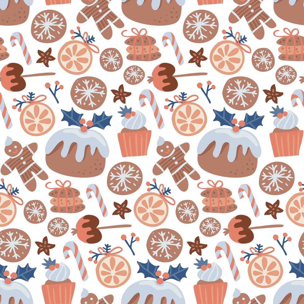 Seamless pattern with different christmas pastry and sweeties. Endless texture for festive design, restaurant and cafe menu, decoration. vector