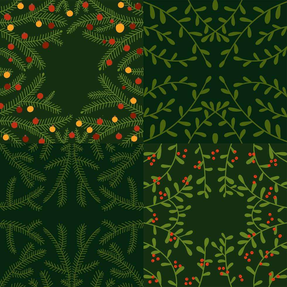 Christmas Hand Drawn Floral Set. Square green backgrounds with Deciduous and coniferous branches, twigs, leaves, berries and Christmas baubles. Flat vector illustration.