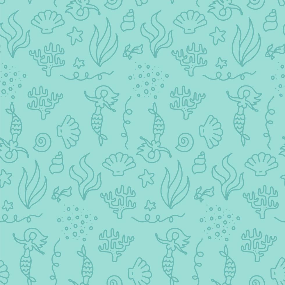 Cute underwater world with mermaids seamless pattern. Doolde linear monochrome backdrop for baby t-shirt print, fashion print design, kids wear, baby shower celebration greeting and invitation card vector