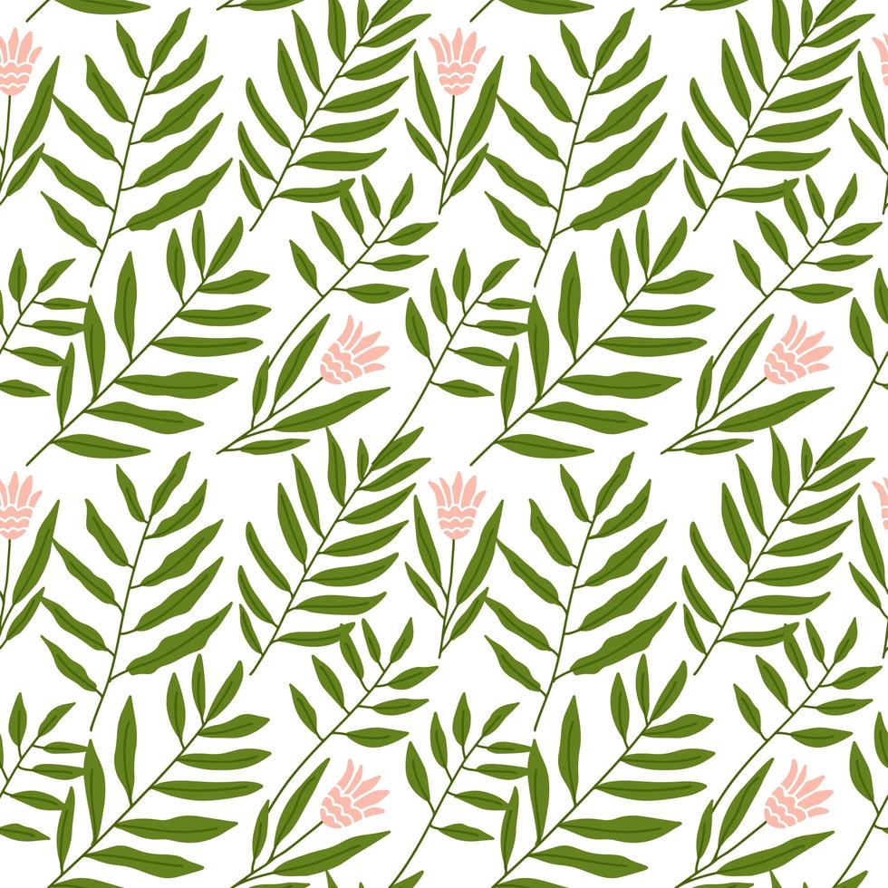 Jungle vector pattern with tropical leaves and flowers.Trendy summer print. Exotic seamless background. Hand drawn flat vector illustration.