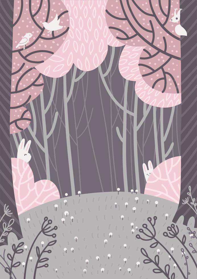 Magic spring forest landscape. A glade with flowers in the forest surrounded by pink trees. Doodle style hand drawn background. Flat vector illustration.