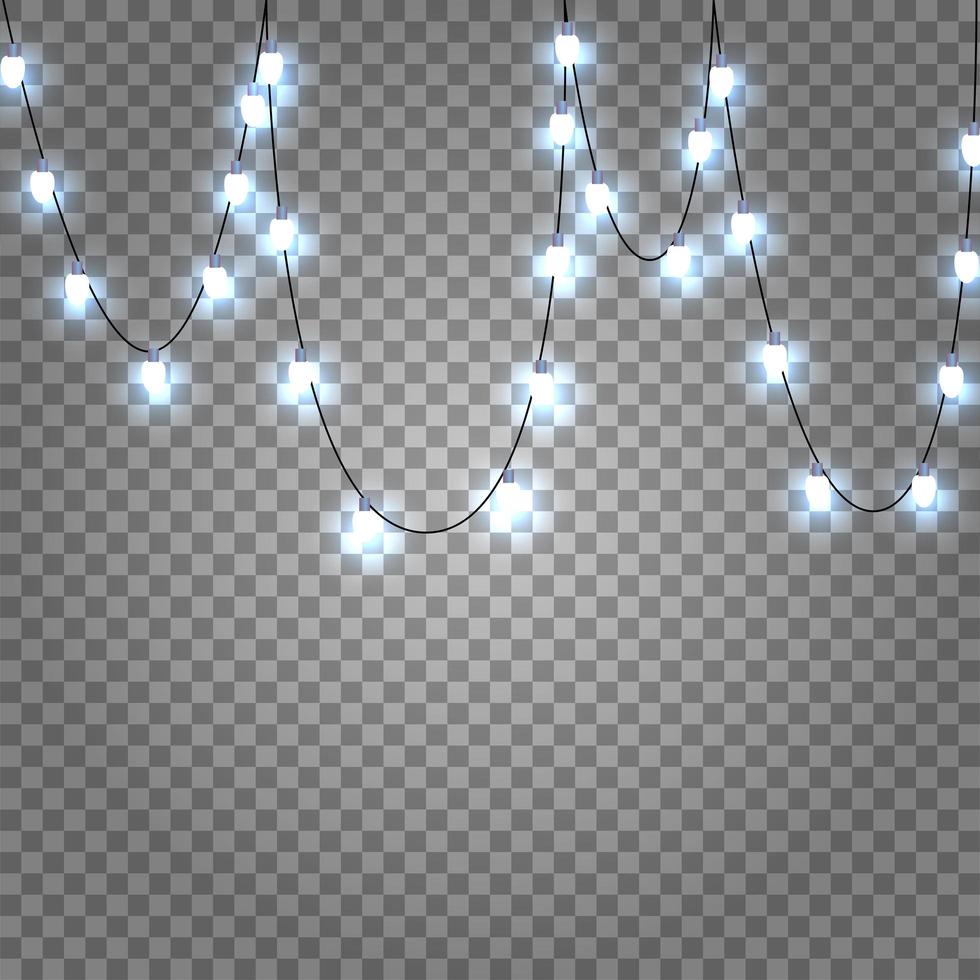Abstract Vector Background with Hanging Garlands and Lights. Christmas lights decorations isolated on transparent background. White cold light. Drooping Xmas decor . Festive design element