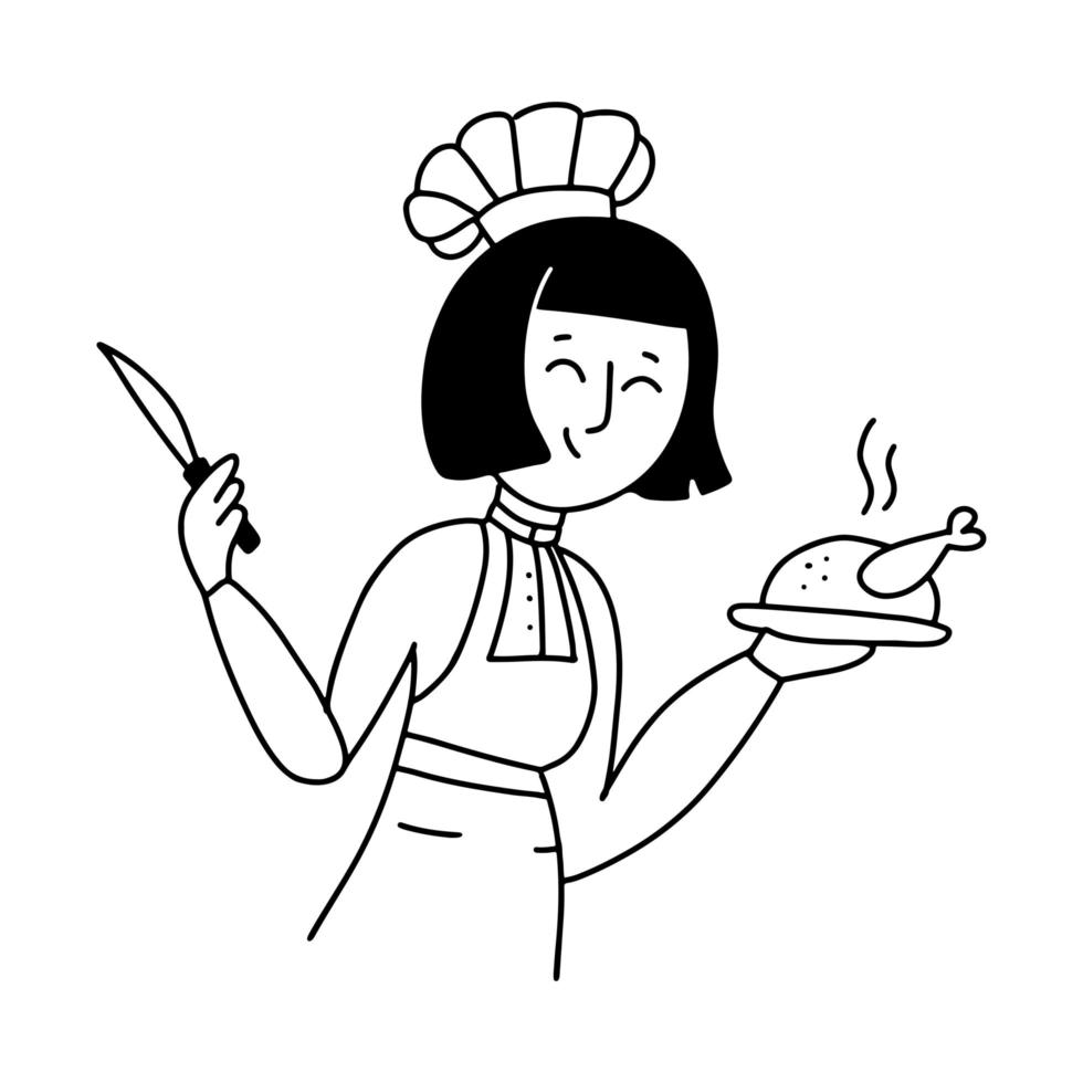 Female chief cook in uniform and cap holding roasted chicken and knife. Woman Chief cook with whole baked chicken. Chief cook holding plate with just fried chicken. Vector doodle design illustration