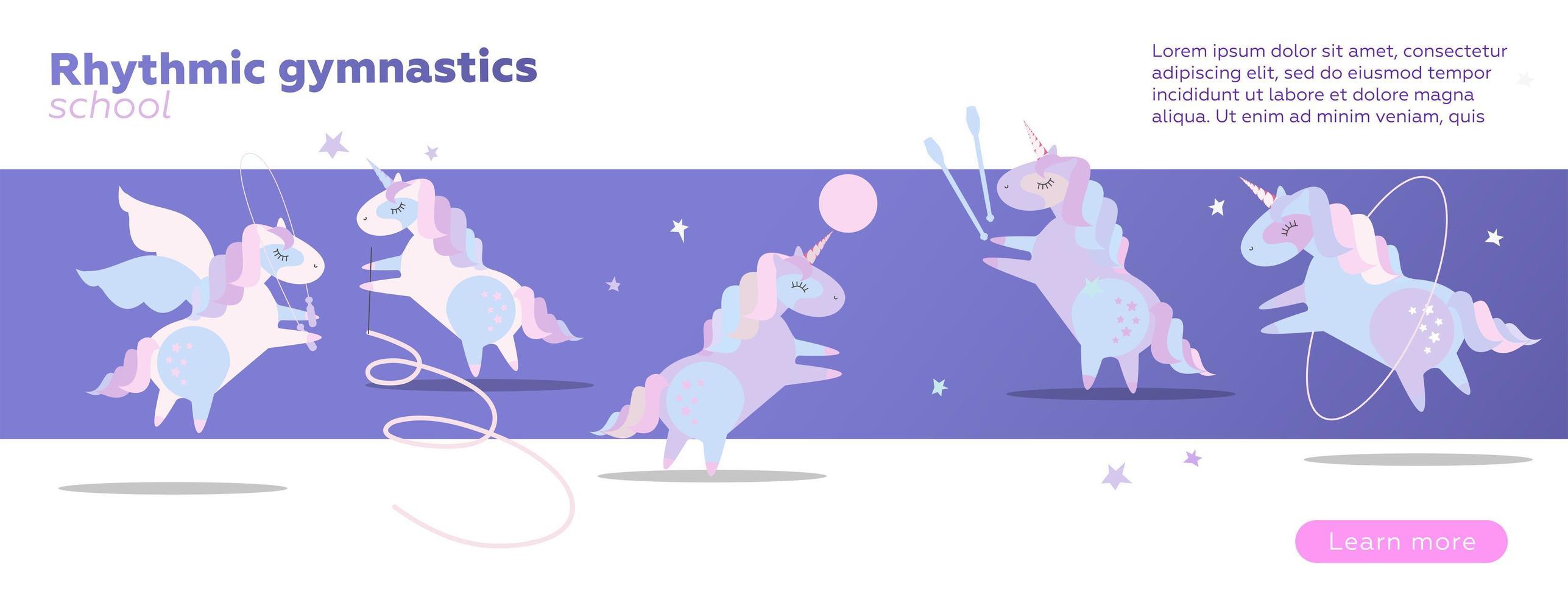 Horizontal Web banner design template for rhythmic gymnastics school. Bright violet vector illustration concept. Cute unicorns doing rhythmic gymnastics with ribbon, ball, hoop, skipping rope