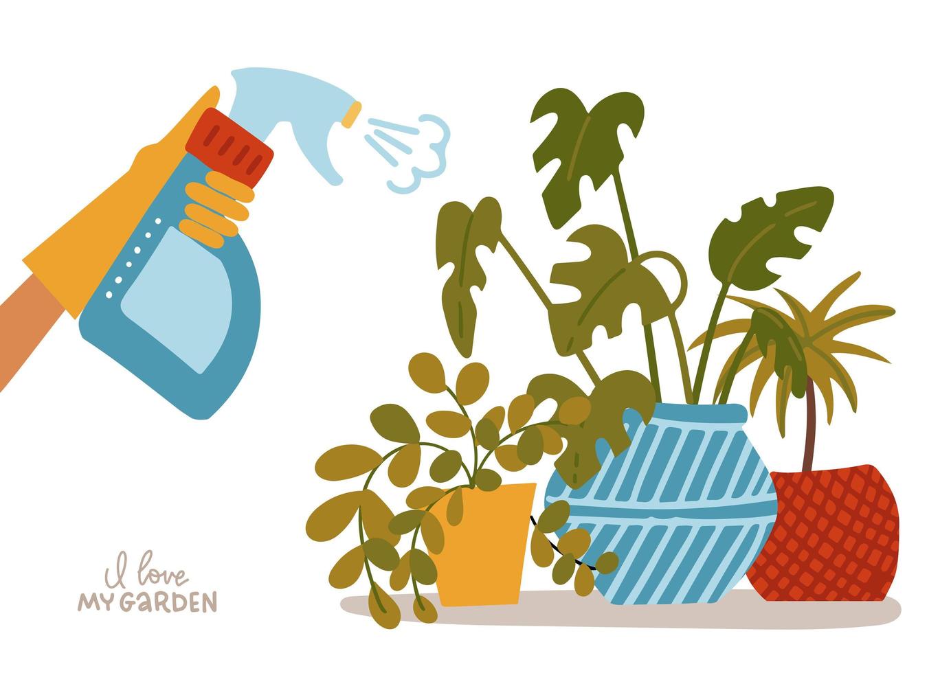 Hand spraying house Plants in pots. Water Pulverizer Symbol with home flower. Hand holds Spray Bottle for watering potted flowers. Care of houseplants and indoor gardening. Vector flat illustration