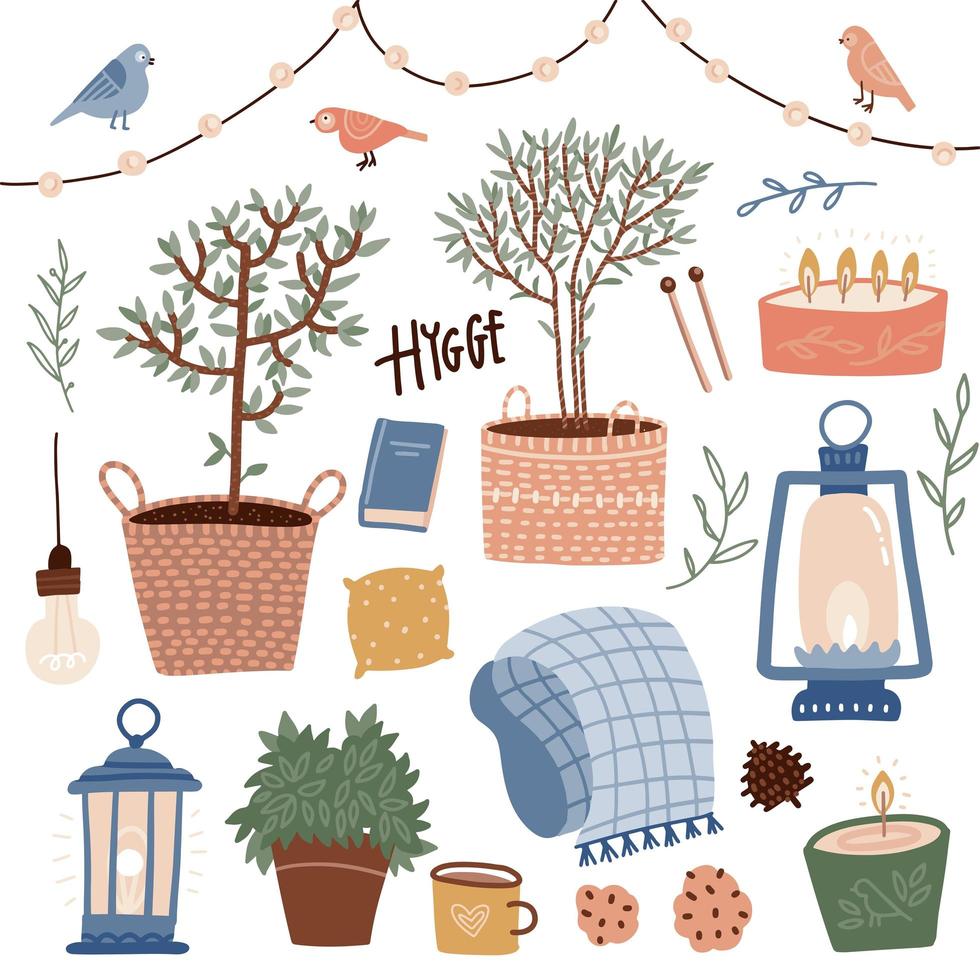 conjunto de elementos de verano hygge con texto. ilustración vectorial plana dibujada a mano de lindas decoraciones interiores. Elementos acogedores de la vida en el campo para las tardes en la veranda. estilo de vida escandinavo vector