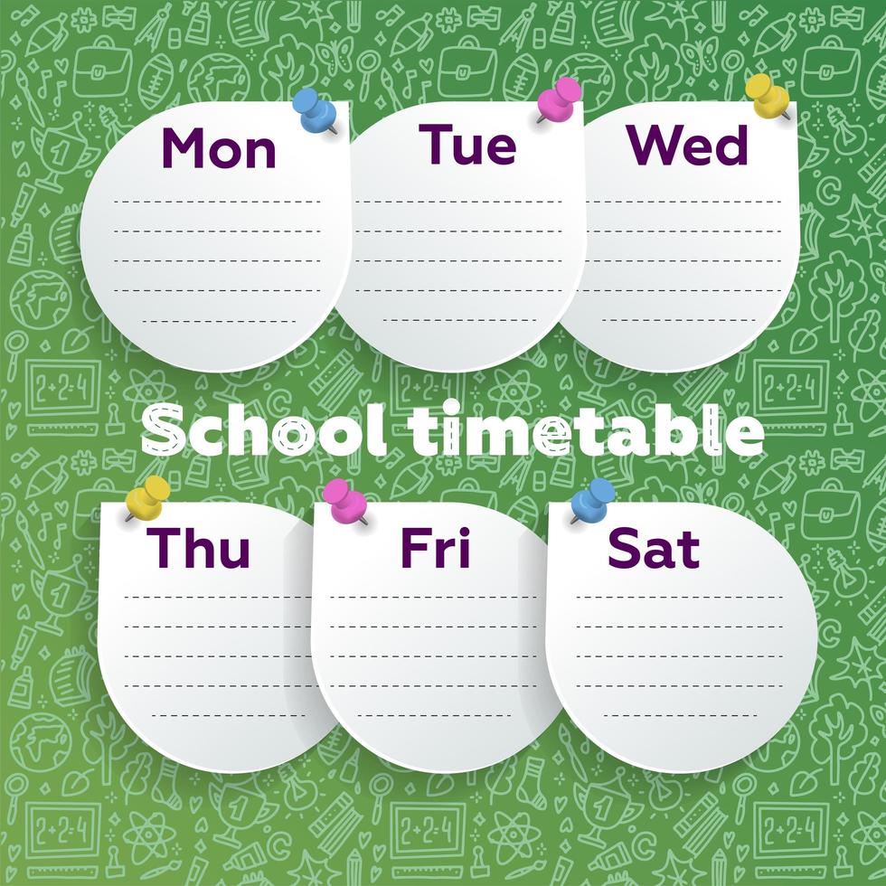 Weekly planner with smart design - round sheets pushpined on green calkboard with school supplies doodle line art.. Vector graphic illustration