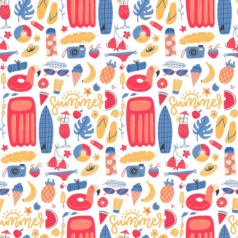 Summer vacation holiday icons seamless pattern. Bright beach relaxation elements. Vector flat hand drawn Illustration
