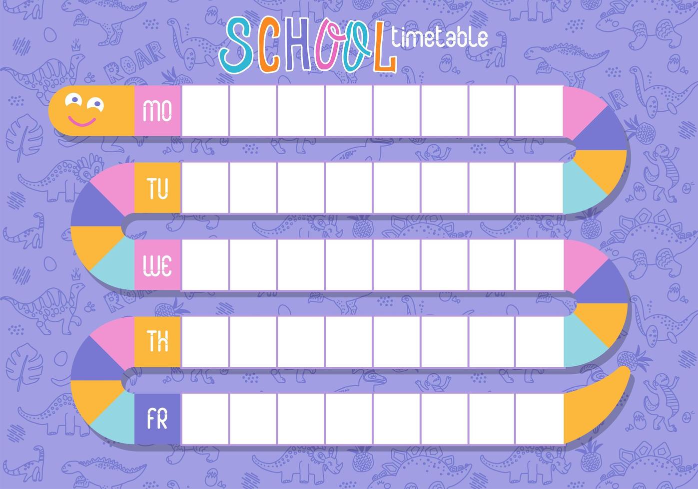 School timetable of lessons for students with snake. Designed especially for nursery children. Weekly schedule vector template. Plans with cute cartoon dinosaurs and dino eggs on lilac background.