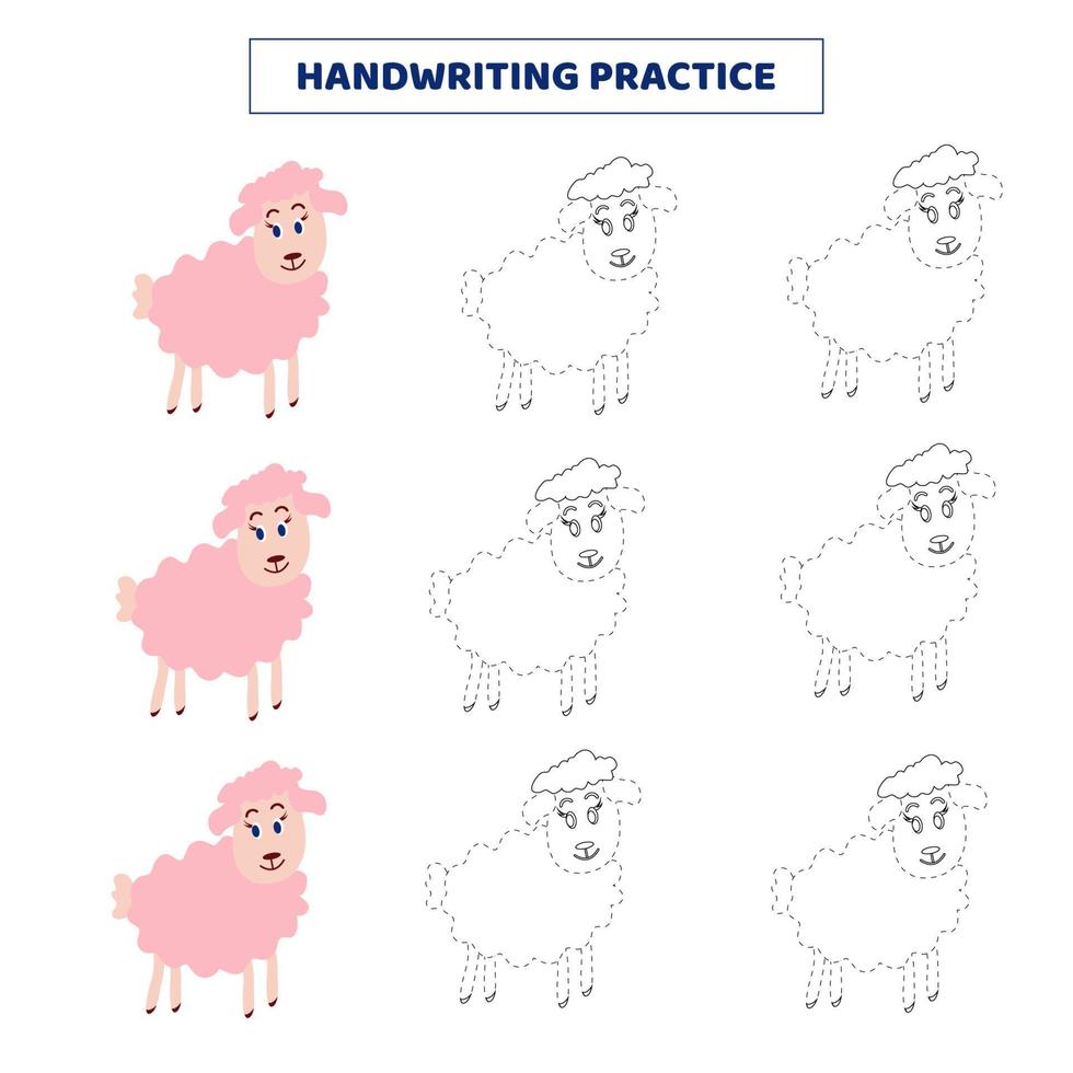 Handwriting practice for kids with cartoon sheep. vector