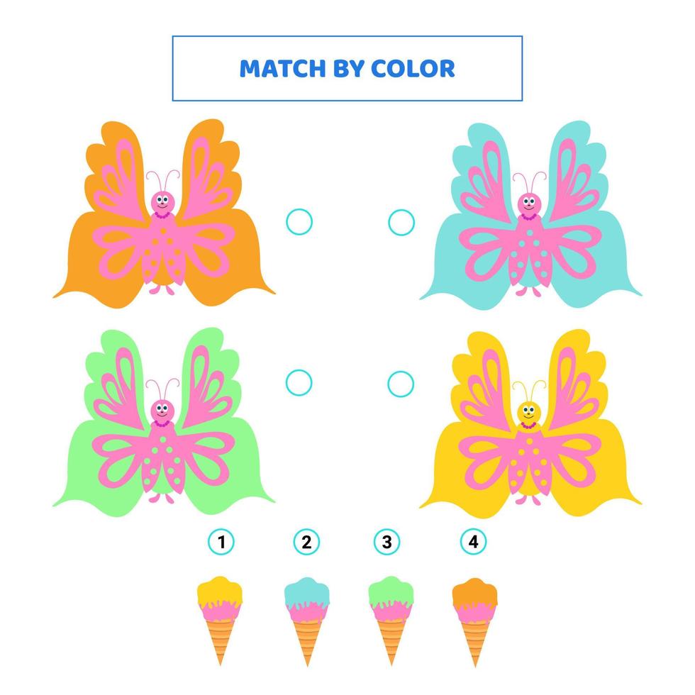 Match cute cartoon butterfly and ice cream by color. vector