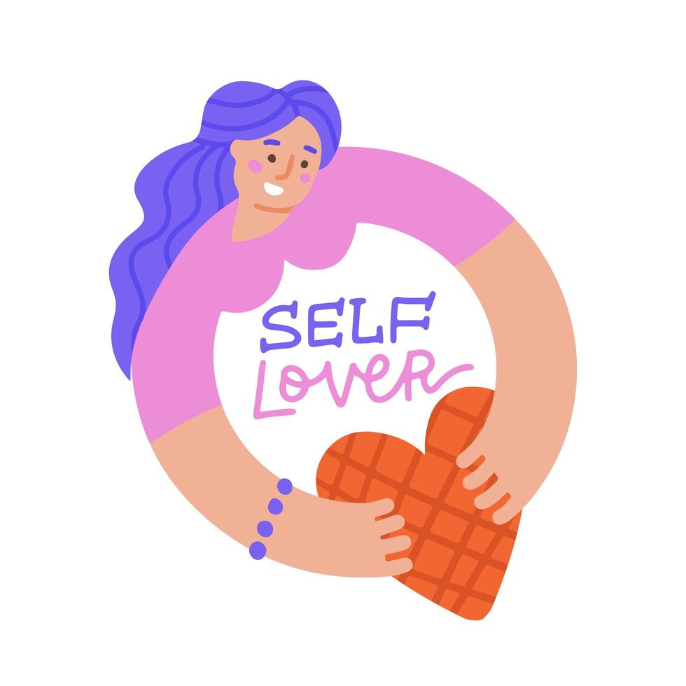 Girl holding a heart in her hands. Self lover concept. Abstract round shape in composition. Hand drawn flat illustration of mental health. vector