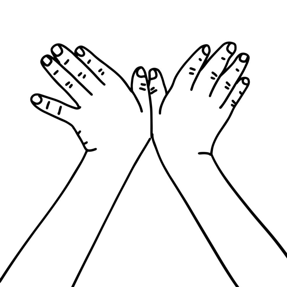 Two childish hands together showing a dove. Monoline drawing linear hand drawn illustration. vector