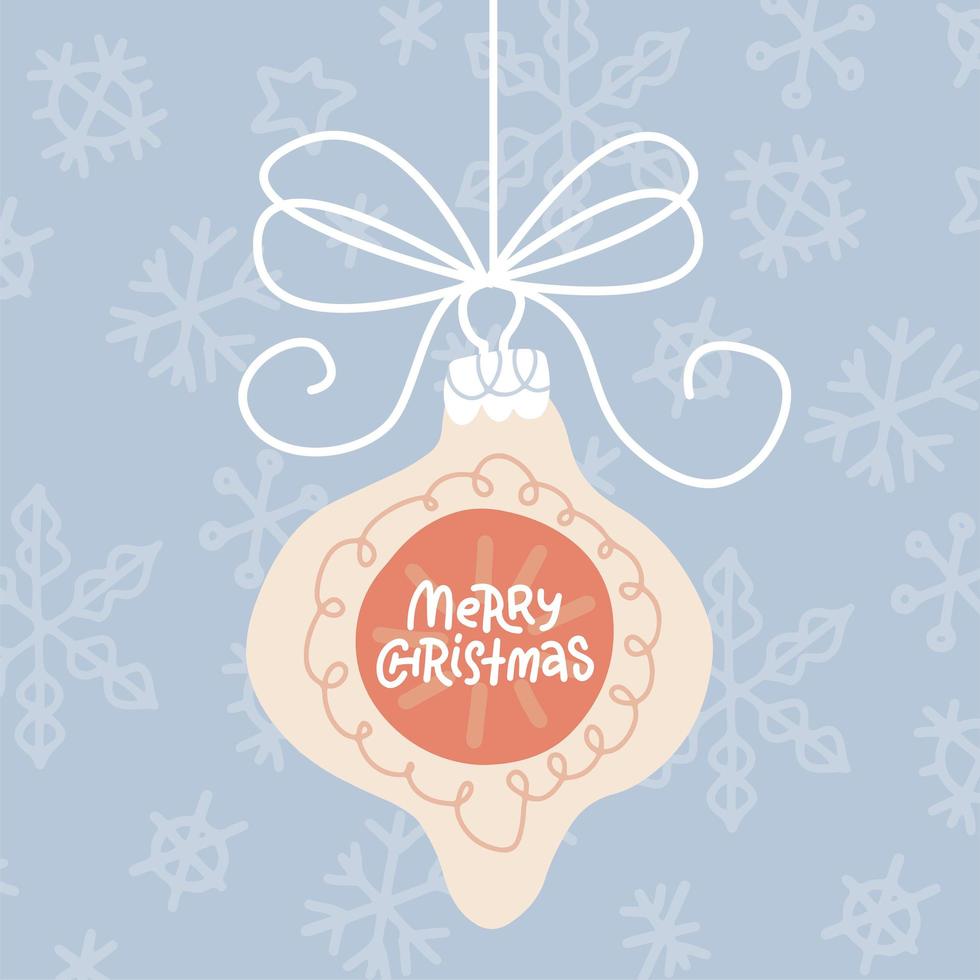 Greeting card with hanging xmas tree baule and quote merry christmas on it. Pastel flat vector illustration