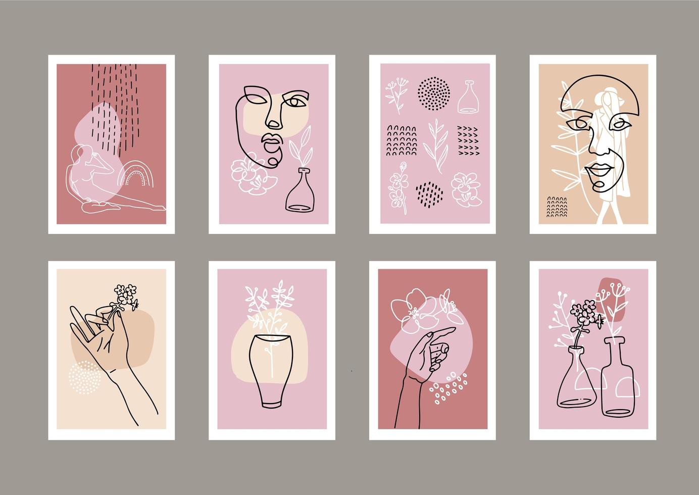 Set of fashion a4 sized banners. Female face drawn in one line with abstact shapes decor. Silhouettes of florals. Beauty concept. Templates for magazines, posters, flyers. Minimalistic graphics vector