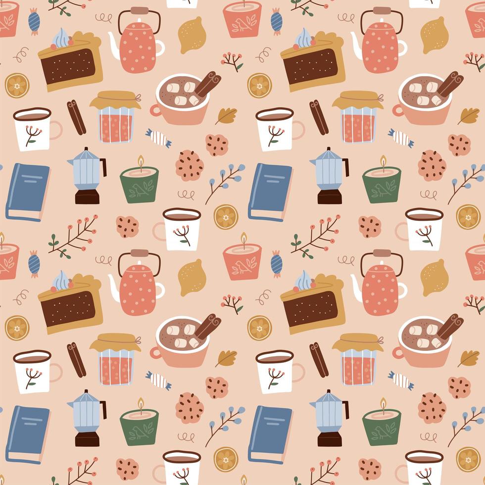 Seamless pattern of coffee, geyser coffee maker, sweeties, candles and plants on biege background. fall design of wrapping paper, wallpaper, textile design. Flat hand drawn repeating illustration. vector