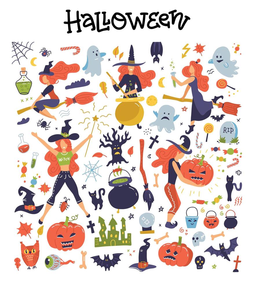 lindo juego grande con ilustraciones e íconos de Halloween: calabaza, fantasma, gato, murciélago, brujas jóvenes, imágenes prediseñadas de decoración. diseño vectorial plano aislado en blanco vector