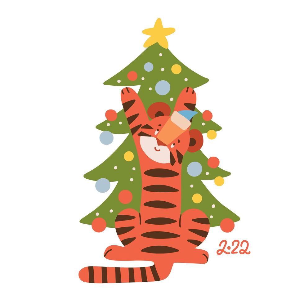 lindo tigre decorando el árbol de navidad, símbolo animal del año 2022. mascota de año nuevo. carácter plano vector dibujado a mano aislado sobre fondo blanco