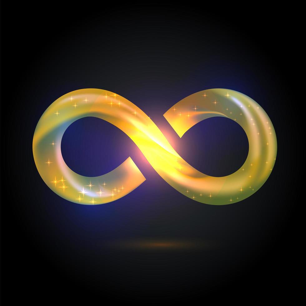 Golden yellow fusion swoosh ribbon infinity symbol. Vector 3d volume illustration on black background. Sparkle Infinity sign, Logo for presentation. Lighting neon glitter spark spiral wavy line.