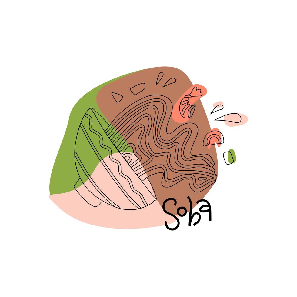 fideos de trigo sarraceno en un tazón con camarones. concepto de comida rápida asiática, wok cocinado, emblema de café, especia vegetariana. aislado sobre fondo blanco con formas abstractas. diseño vectorial vector