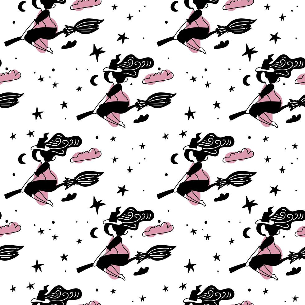 Pink and black Abstract seamless pattern for girls. Creative vector background with young witch on broom for halloween. Funny wallpaper for textile and fabric. Fashion Simple picture for children