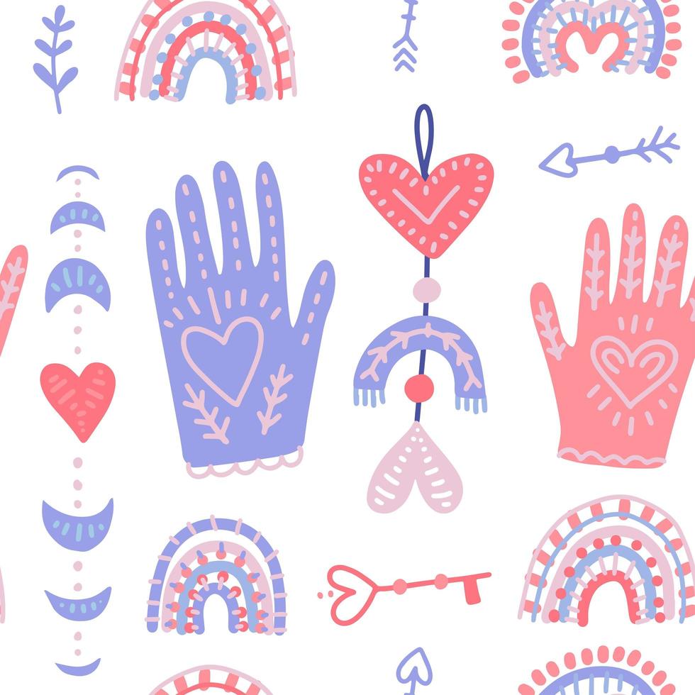 Magic hands and love moon phases. Hand drawn flat seamless pattern for Valentine s day cards or banners. vector