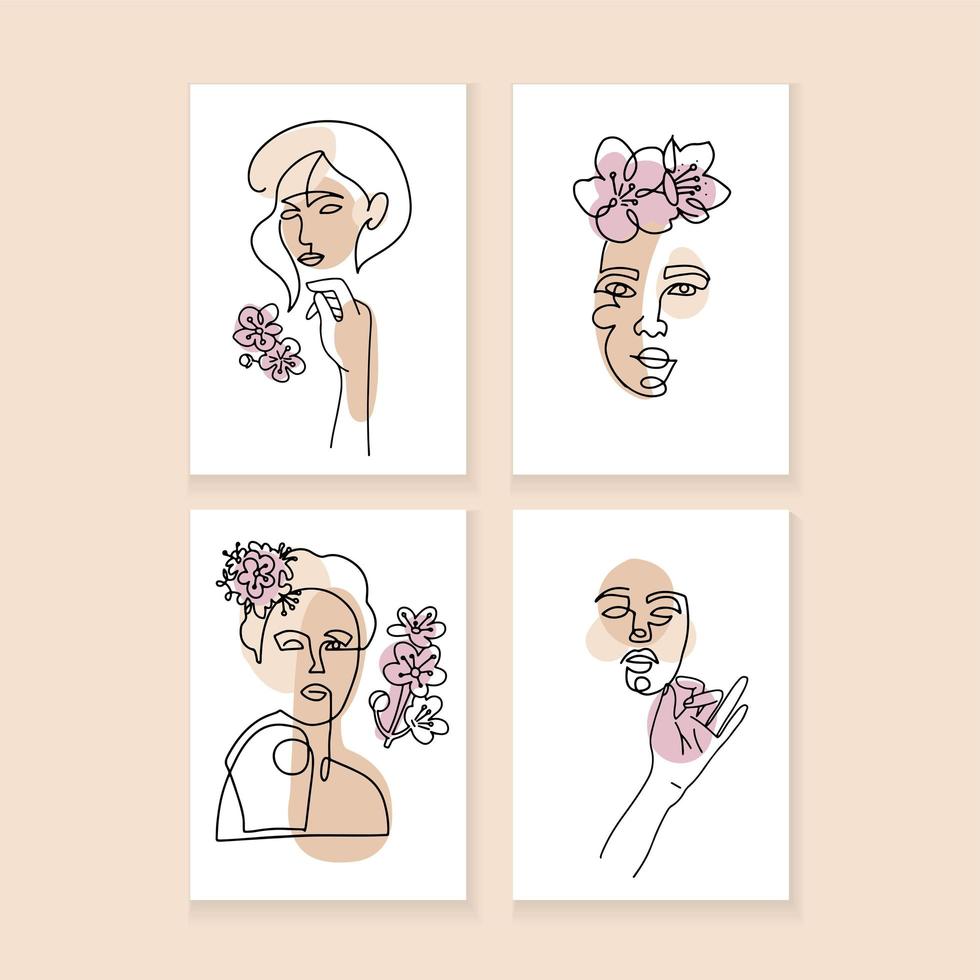 conjunto de carteles minimalistas a4. una línea dibujando cara de mujer abstracta con flor en el pelo. arte moderno de línea continua, retrato femenino, contorno estético. estilo de collage creativo vectorial vector