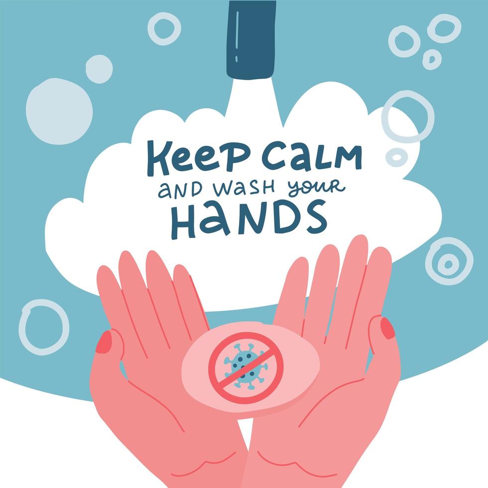 Washing hands with soap and water. Method of protection against spread of coronavirus COVID-19. Two palms in soapy foam. Keep calm and wash hands - lettering. Hand drawn flat vector illustration